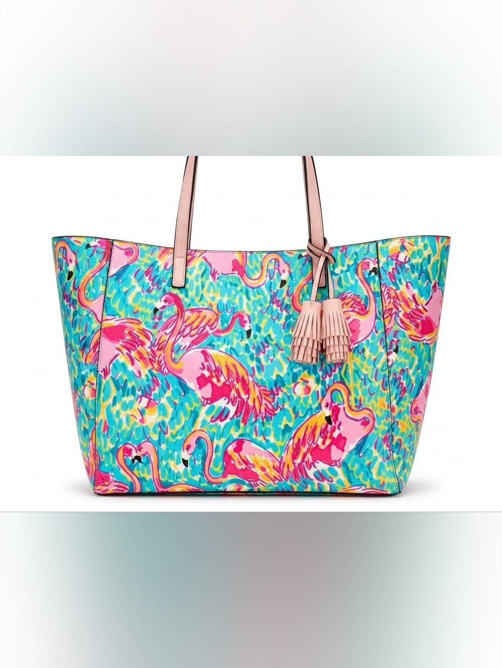 Pink Flamingo Print Tote Bag with Tassel Detail